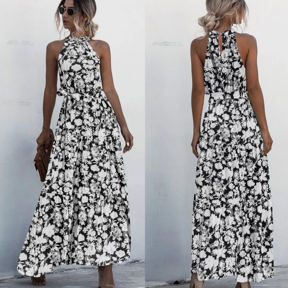 Belted boho ruffle halter maxi dress dot leopard print navy blue - Picture 4 of 7